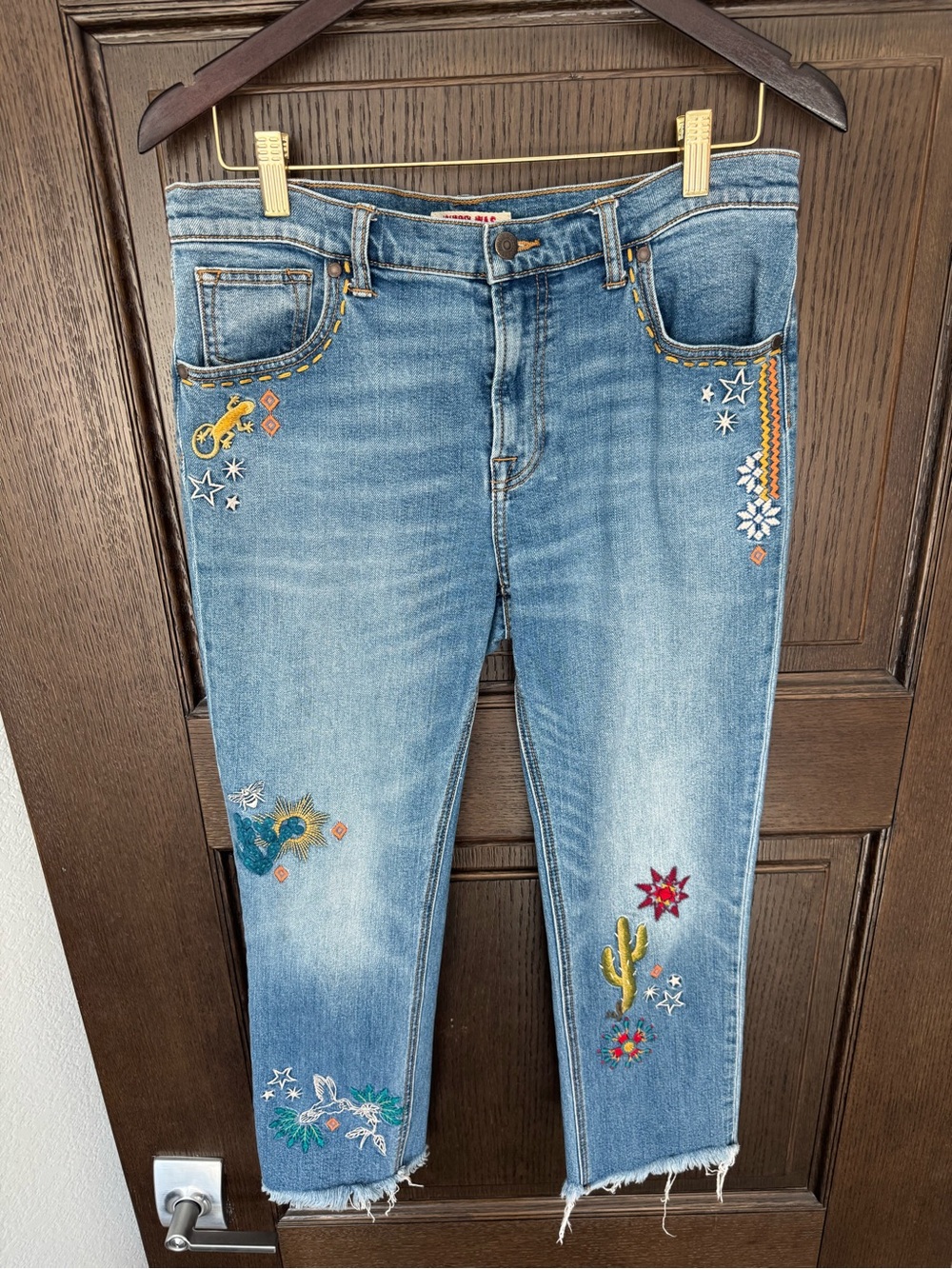 Johnny Was Blue Desert Embroidered Raw-edge Jeans
